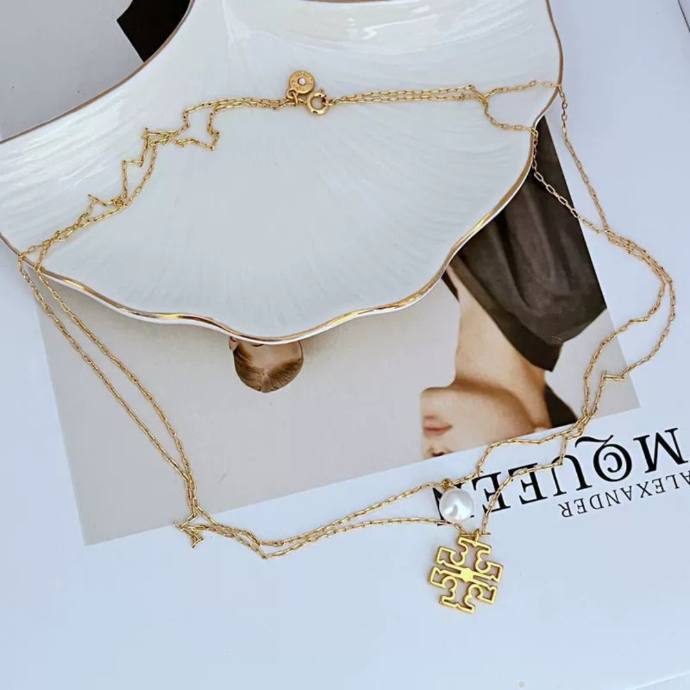 Tory Burch Pearl Inlaid Hollow Letter Double Layer Necklace